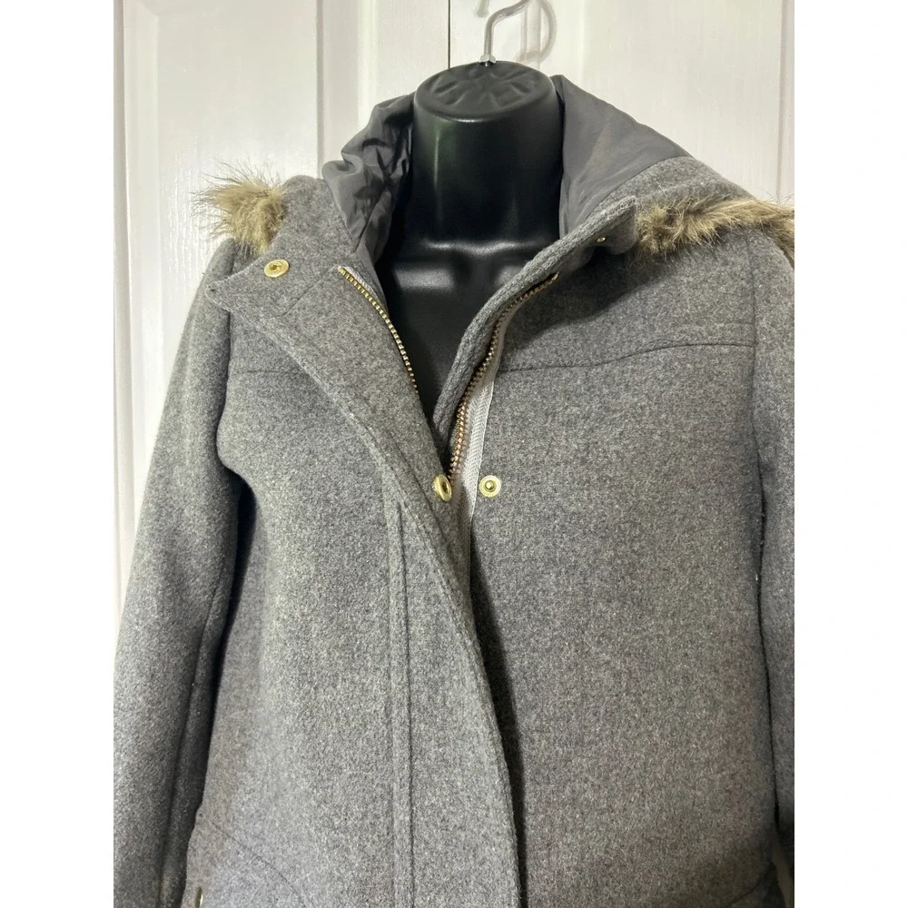 J.Crew Mercantile Gray Wool Blend Coat Hooded Faux Fur‎ Trim Winter Size 00